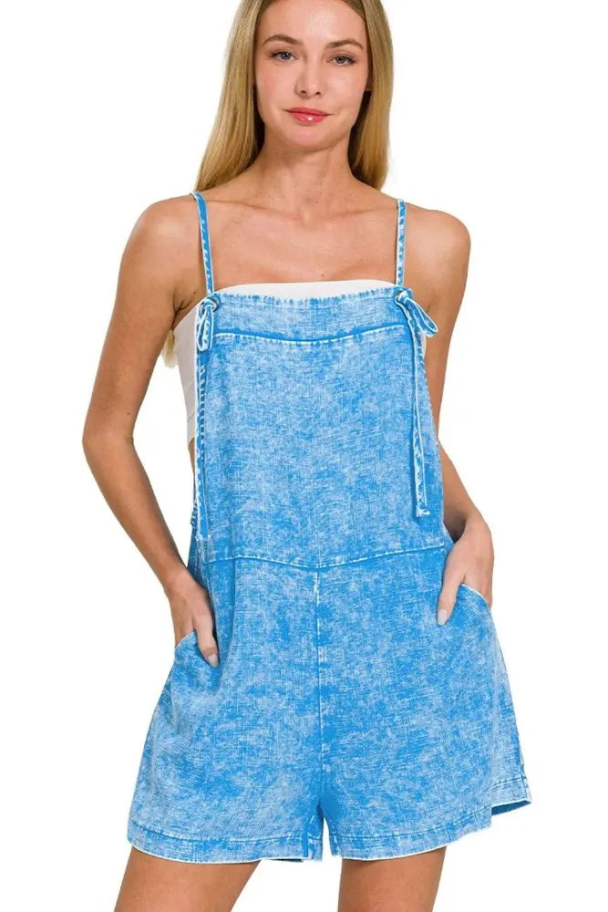 Zenana Acid Wash Knot Strap Romper