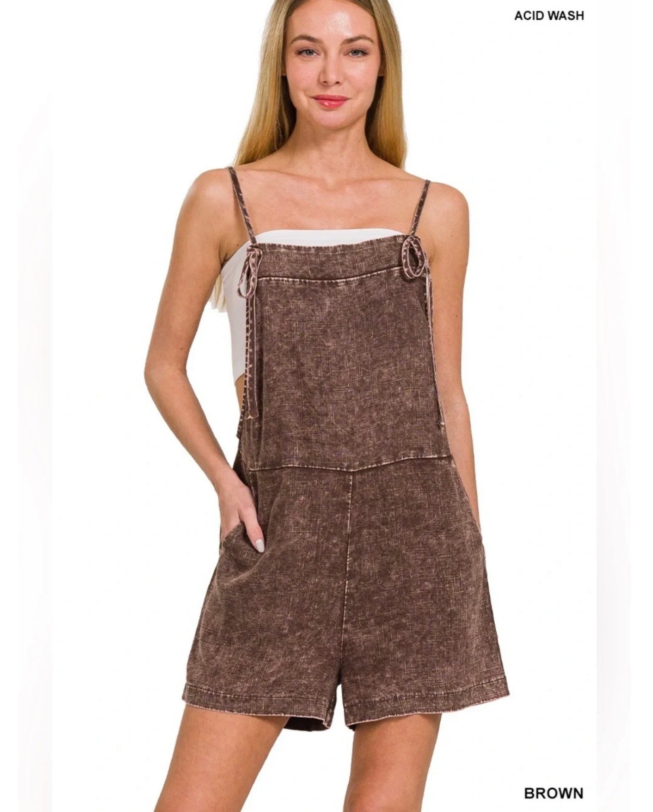 Zenana Acid Wash Knot Strap Romper