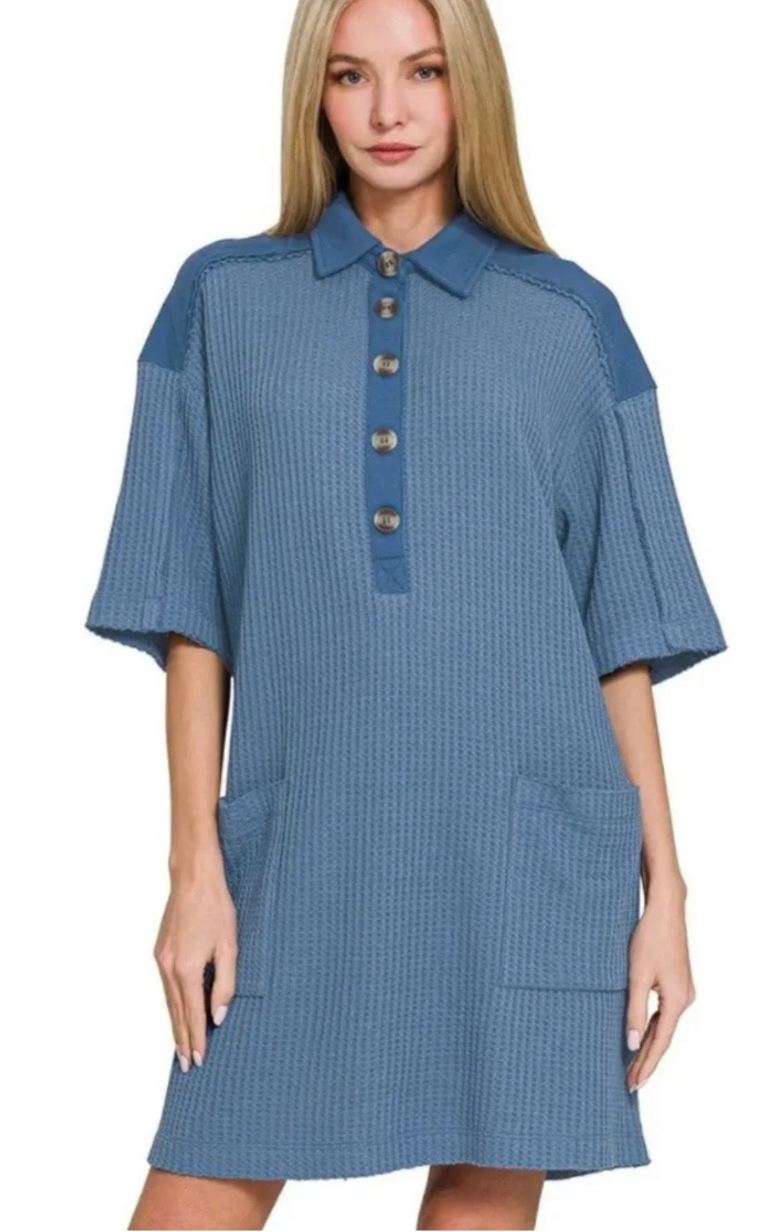 Zenana Waffle Knit Button Up Dress
