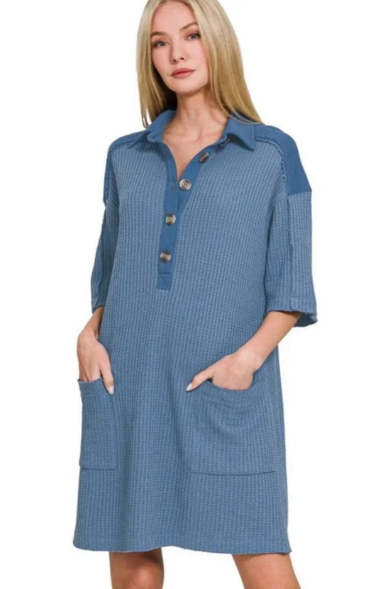 Zenana Waffle Knit Button Up Dress